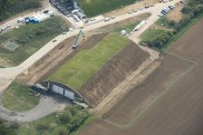 An aircraft hangar being returfed, Hullavington Airfield, Wiltshire, 2019. Creator: Damian Grady