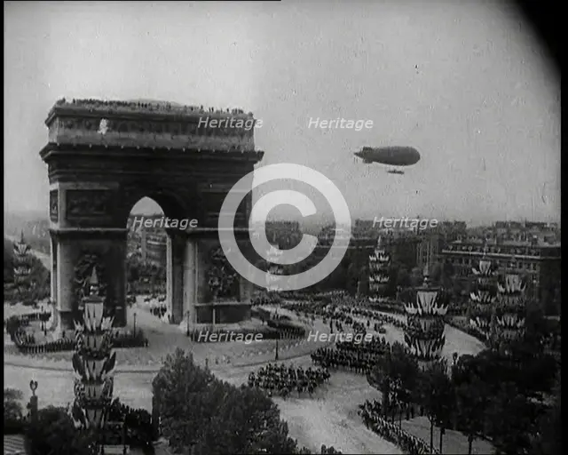 An Airship in the Skies Above Paris Near the Arc de Triomphe During the Royal State Visit..., 1938. Creator: British Pathe Ltd.