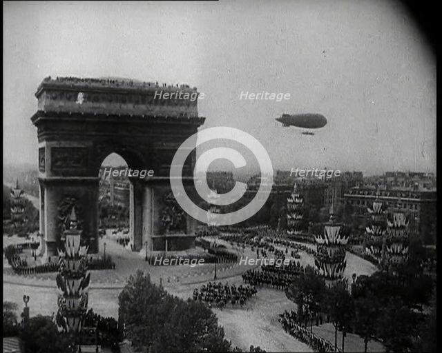 An Airship in the Skies Above Paris Near the Arc de Triomphe During the Royal State Visit..., 1938. Creator: British Pathe Ltd.
