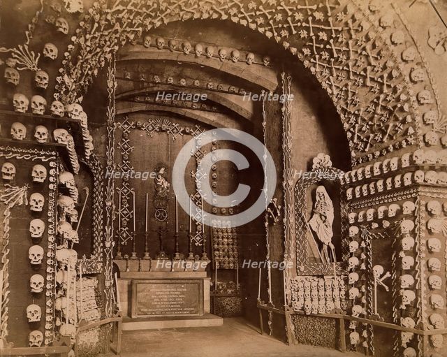 An altar bearing a Latin inscription surrounded by an array of human skulls and bones and..., 1881. Creator: John Edmund Taylor.