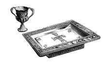 An altar tray and chalice in enamelled gold, c 4th or 5th century, 1870