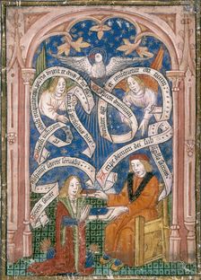 An alchemical disciple receives a book from his master, c1477. Creator: Unknown