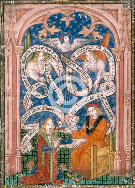 An alchemical disciple receives a book from his master, c1477.  Creator: Unknown.