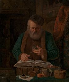 An alchemist or chemist examining a liquid, 1841. Creator: Charles-Emile Francois