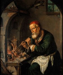 An alchemist blowing on a fire to heat a still, c1750s. Creator: Christian Wilhelm Ernst Dietrich