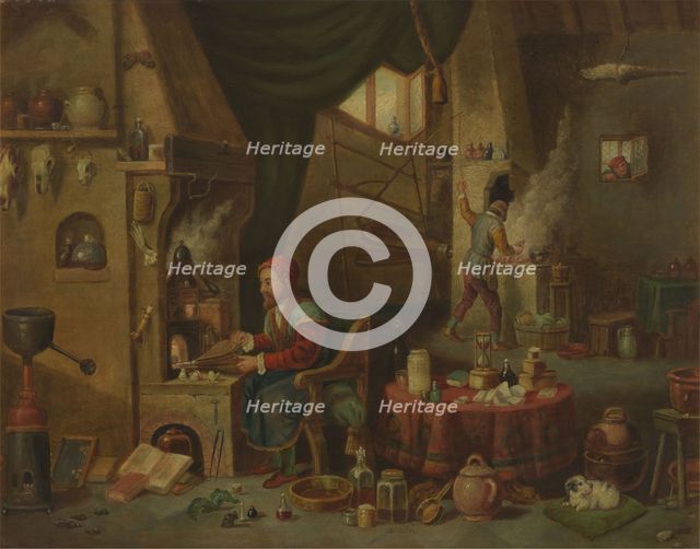 An alchemist in his laboratory, c1680s. Creator: Follower of David Teniers II.
