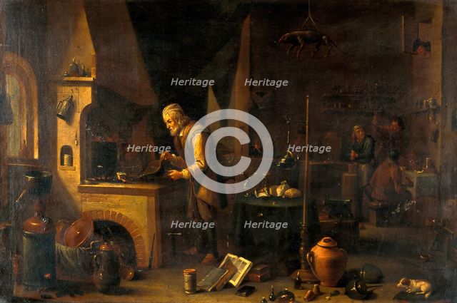 An alchemist in his laboratory, c1680s. Creator: Follower of David Teniers II.