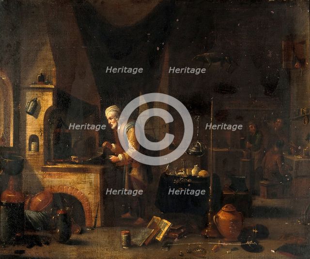 An alchemist in his laboratory, c1680s. Creator: Follower of David Teniers II.