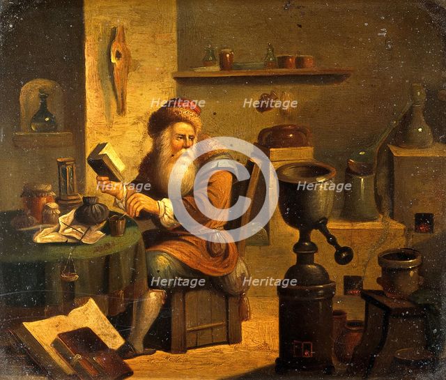 An alchemist in his laboratory, c1680s. Creator: Follower of David Teniers II.