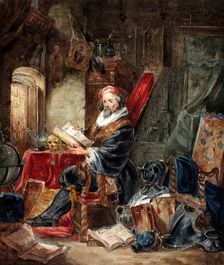 An alchemist reading in a romanticised laboratory setting, 19th century. Creator: Unknown