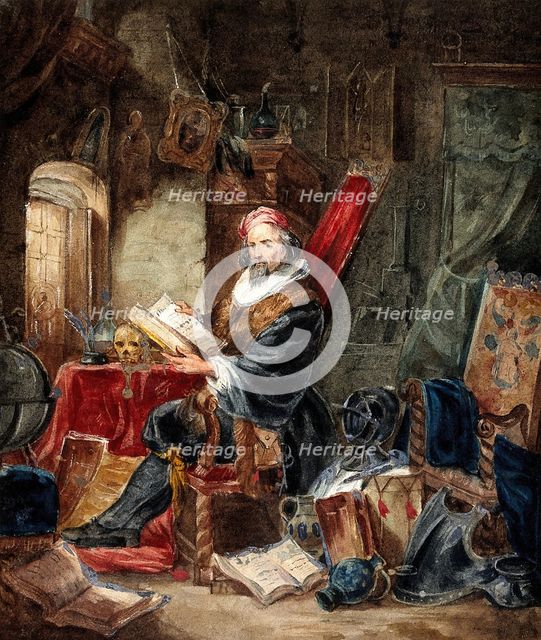 An alchemist reading in a romanticised laboratory setting, 19th century. Creator: Unknown.