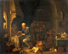 An alchemist seated at a furnace, turning away in thought, c1680s. Creator: Teniers, David, 1610-1690 (By or After)