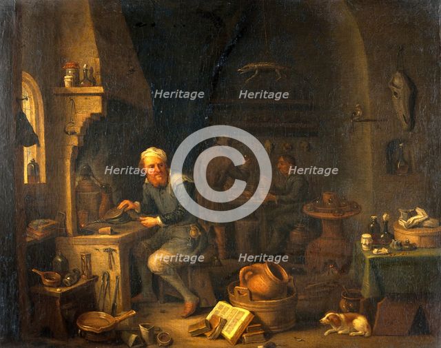 An alchemist seated at a furnace, turning away in thought, c1680s. Creator: Teniers, David, 1610-1690 (By or After).
