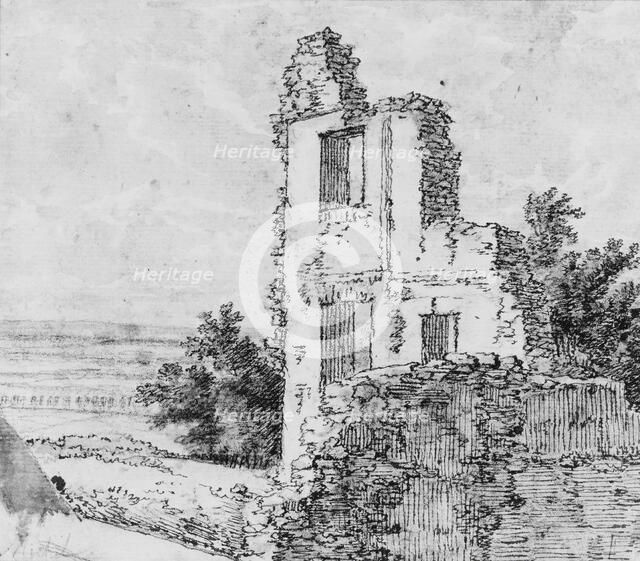 An Allée of Trees in a Park (recto); The Ruins of a Building on a Hill (verso), n.d.. Creator: Georges Michel.