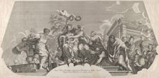 An allegorical composition with Charity and prisoners in chains; a plate from Rossi's seri..., 1677. Creator: Jacques Blondeau
