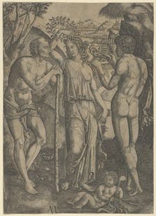 An allegorical scene; a young woman at centre holding a wreath above her head, at l..., ca. 1515-27. Creator: Marcantonio Raimondi