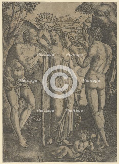 An allegorical scene; a young woman at centre holding a wreath above her head, at l..., ca. 1515-27. Creator: Marcantonio Raimondi.