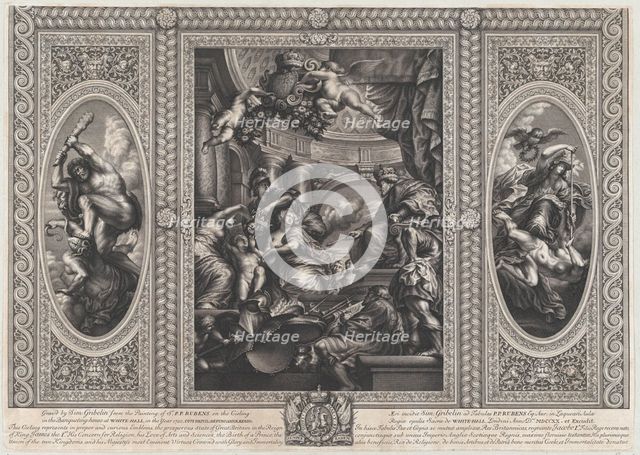 An allegorical scene showing the benefits of James' reign at center, Wise Government tramp..., 1720. Creator: Simon Gribelin.