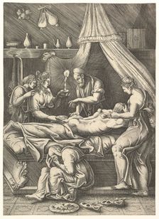 An allegory of sickness, man laying prostrate on a bed surrounded by figures, ca. 1540. Creator: Giorgio Ghisi
