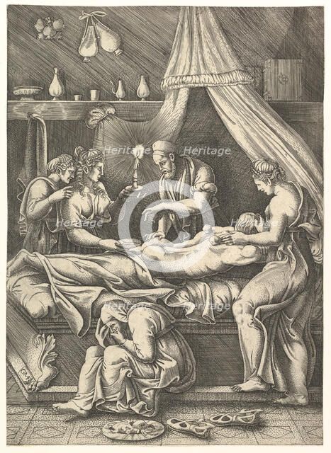 An allegory of sickness, man laying prostrate on a bed surrounded by figures, ca. 1540. Creator: Giorgio Ghisi.