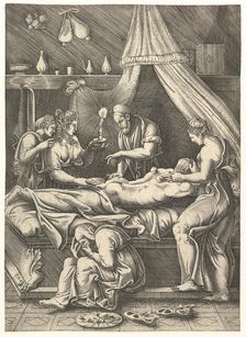 An allegory of sickness, man laying prostrate on a bed surrounded by figures, ca. 1540. Creator: Giorgio Ghisi