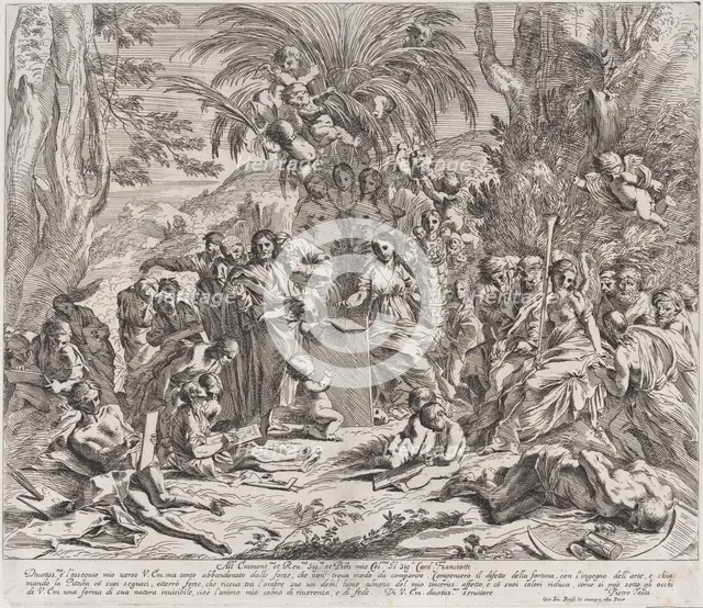 An allegory of painting, who as a child in the centre left draws on a tablet, surrounde..., 1637-38. Creator: Pietro Testa.