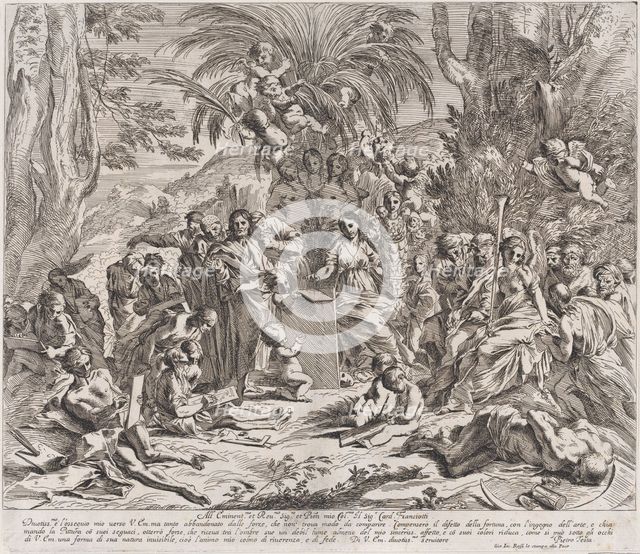 An allegory of painting, who as a child in the centre left draws on a tablet, surrounde..., 1637-38. Creator: Pietro Testa.