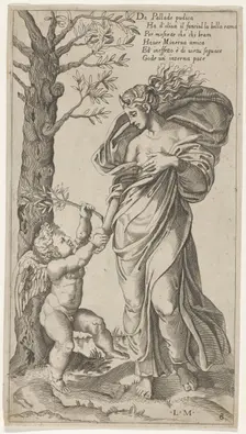 An allegory of Peace; Peace personified as a woman standing in a landscape holding the ..., 1530-40. Creator: Lorenzo de Musi