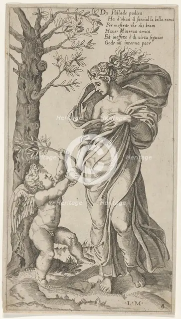 An allegory of Peace; Peace personified as a woman standing in a landscape holding the ..., 1530-40. Creator: Lorenzo de Musi.