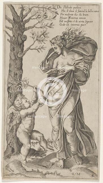 An allegory of Peace; Peace personified as a woman standing in a landscape holding the ..., 1530-40. Creator: Lorenzo de Musi.