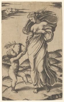 An allegory of Peace; Peace personified as a woman standing in a landscape holding ..., ca. 1517-20. Creator: Marcantonio Raimondi
