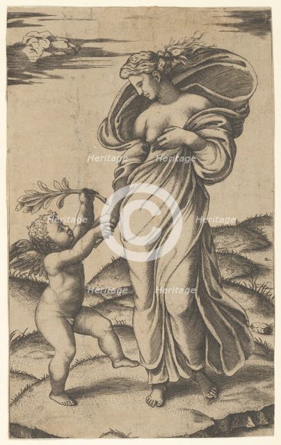 An allegory of Peace; Peace personified as a woman standing in a landscape holding ..., ca. 1517-20. Creator: Marcantonio Raimondi.