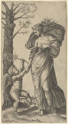 An allegory of Peace; Peace personified as a woman standing in a landscape holding ..., ca. 1517-20. Creator: Marcantonio Raimondi