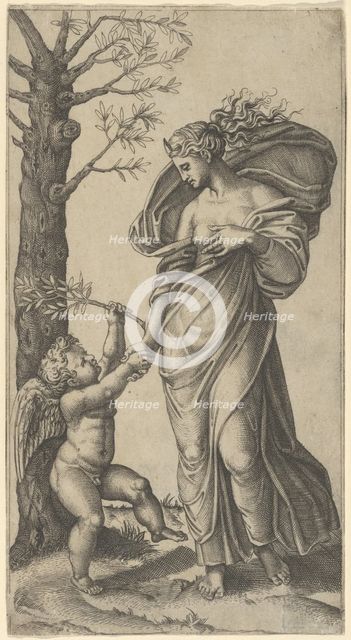 An allegory of Peace; Peace personified as a woman standing in a landscape holding ..., ca. 1517-20. Creator: Marcantonio Raimondi.