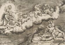 An allegory of the rising sun, a naked man wearing a shroud and accompanied Father Time..., 1531-76. Creator: Giulio Bonasone