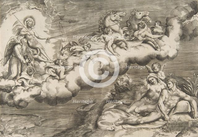 An allegory of the rising sun, a naked man wearing a shroud and accompanied Father Time..., 1531-76. Creator: Giulio Bonasone.