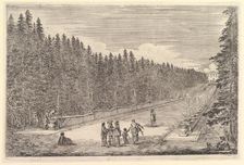 An alley of fountains, a group of people in center, a man and dog seated to right, two..., ca. 1653. Creator: Stefano della Bella