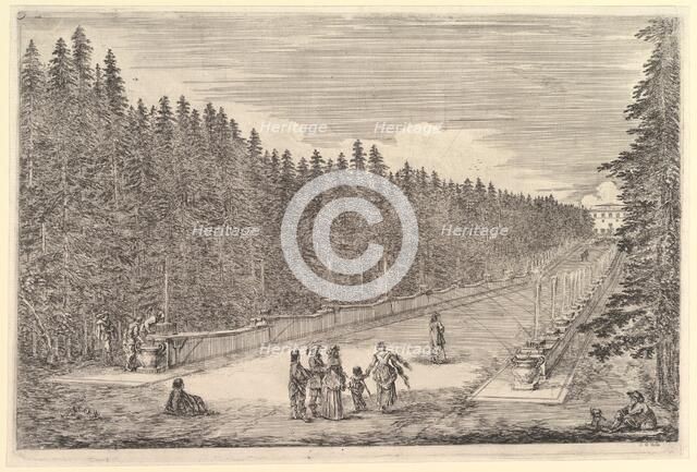 An alley of fountains, a group of people in center, a man and dog seated to right, two..., ca. 1653. Creator: Stefano della Bella.