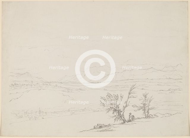 An Alpine Landscape with a Couple Seated by Trees Overlooking a Valley, 1760/1763. Creator: Benjamin West.