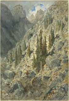 An Alpine Valley with Trees and Boulders, 1876. Creator: Gustave Doré