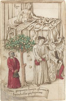 An Ape in Purple with a Sick Man, a Good Man, and a Miser [fol. 36 verso], c. 1512/1515. Creator: Unknown