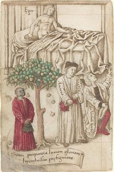 An Ape in Purple with a Sick Man, a Good Man, and a Miser [fol. 36 verso], c. 1512/1515. Creator: Unknown