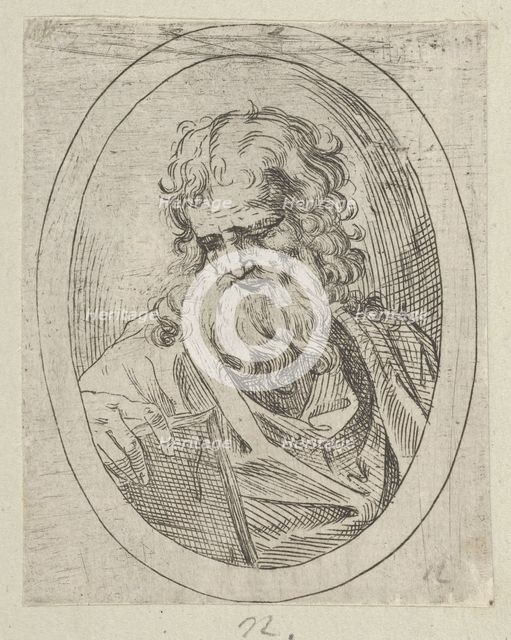 An apostle with a long beard looking down at an open book, in an oval frame, 1600-1640. Creator: Anon.