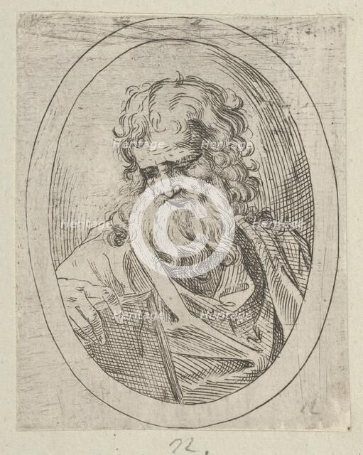 An apostle with a long beard looking down at an open book, in an oval frame, 1600-1640. Creator: Anon.