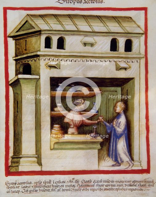 An apothecary gives vinegar syrup to a man, 14th century.  Creator: Unknown.