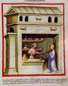 An apothecary gives vinegar syrup to a man, 14th century. Creator: Unknown