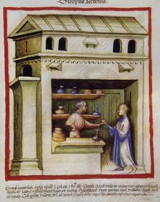 An apothecary gives vinegar syrup to a man, 14th century. Creator: Unknown