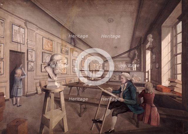 An artist copying a bust on a pedestal in the Royal Academy at Somerset House, London, c1780. Artist: Anon