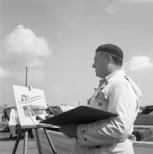 An artist painting in the harbour of Borstahusen, Landskrona, Sweden, 1952. Creator: Unknown