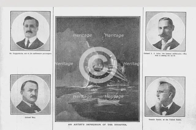 'An Artist's Impression of the Disaster', and portraits of related people, (April 20), 1912. Creator: Unknown.